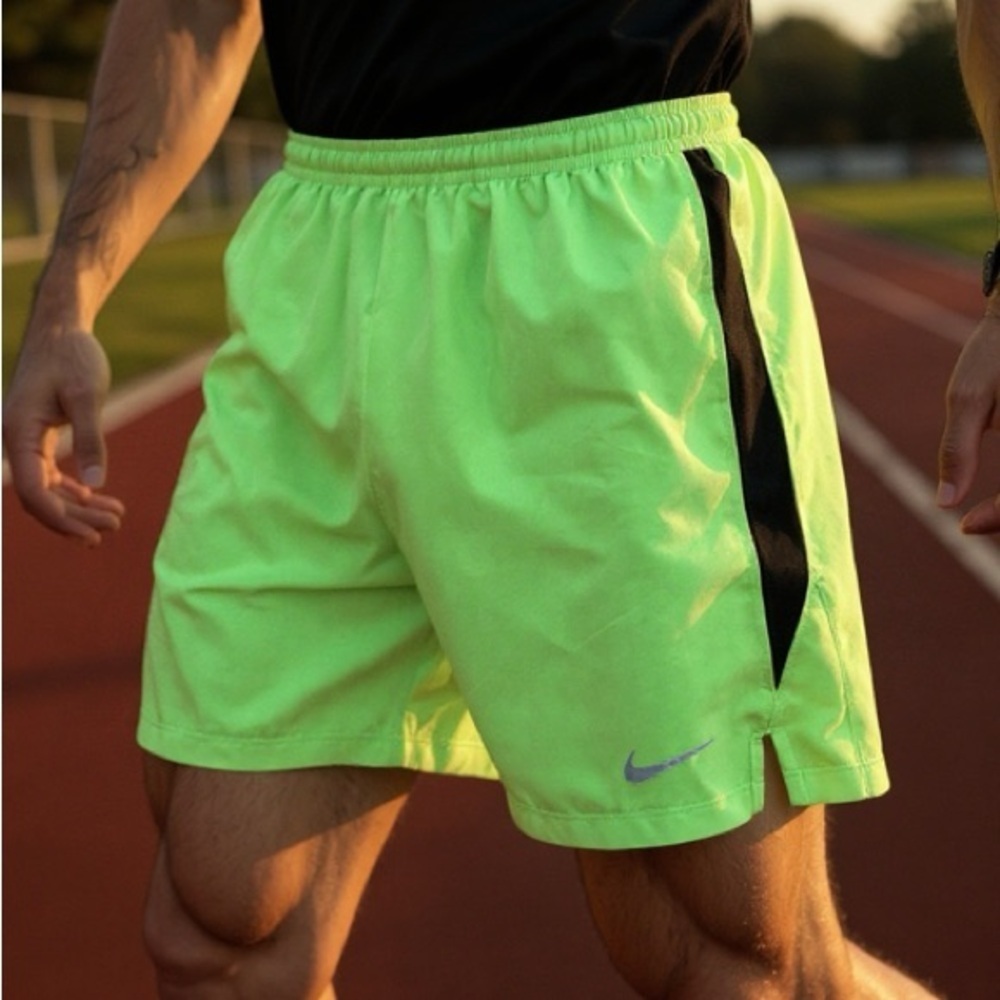 Nike Men's Neon Green Athletic Shorts with Black Stripe